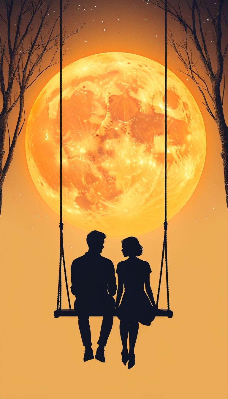 Romantic Silhouetted Couple on Swing Under Vibrant Moon Mobile Wallpaper