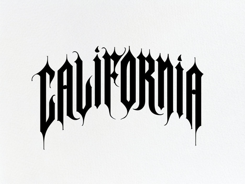 Intricate Gothic California Text Logo T-Shirt