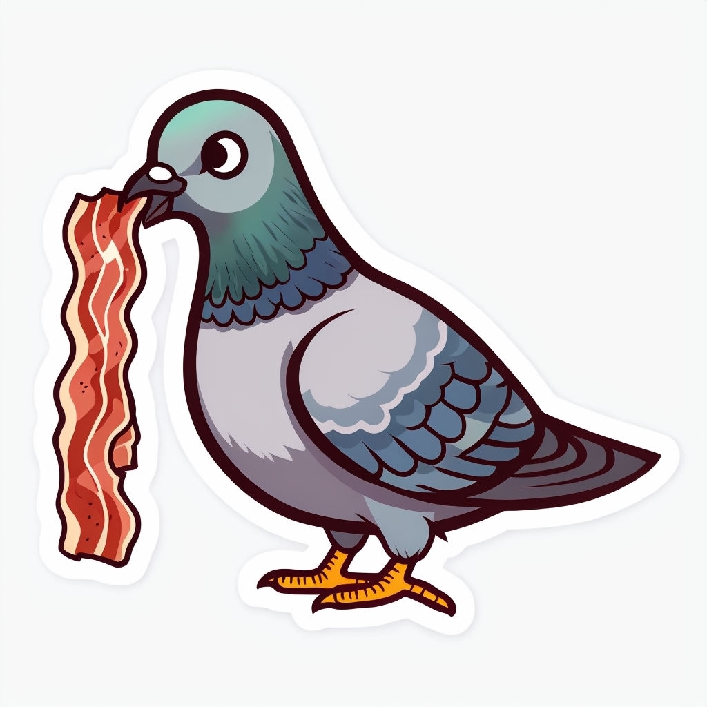 Whimsical Pigeon Holding Bacon Cartoon Sticker