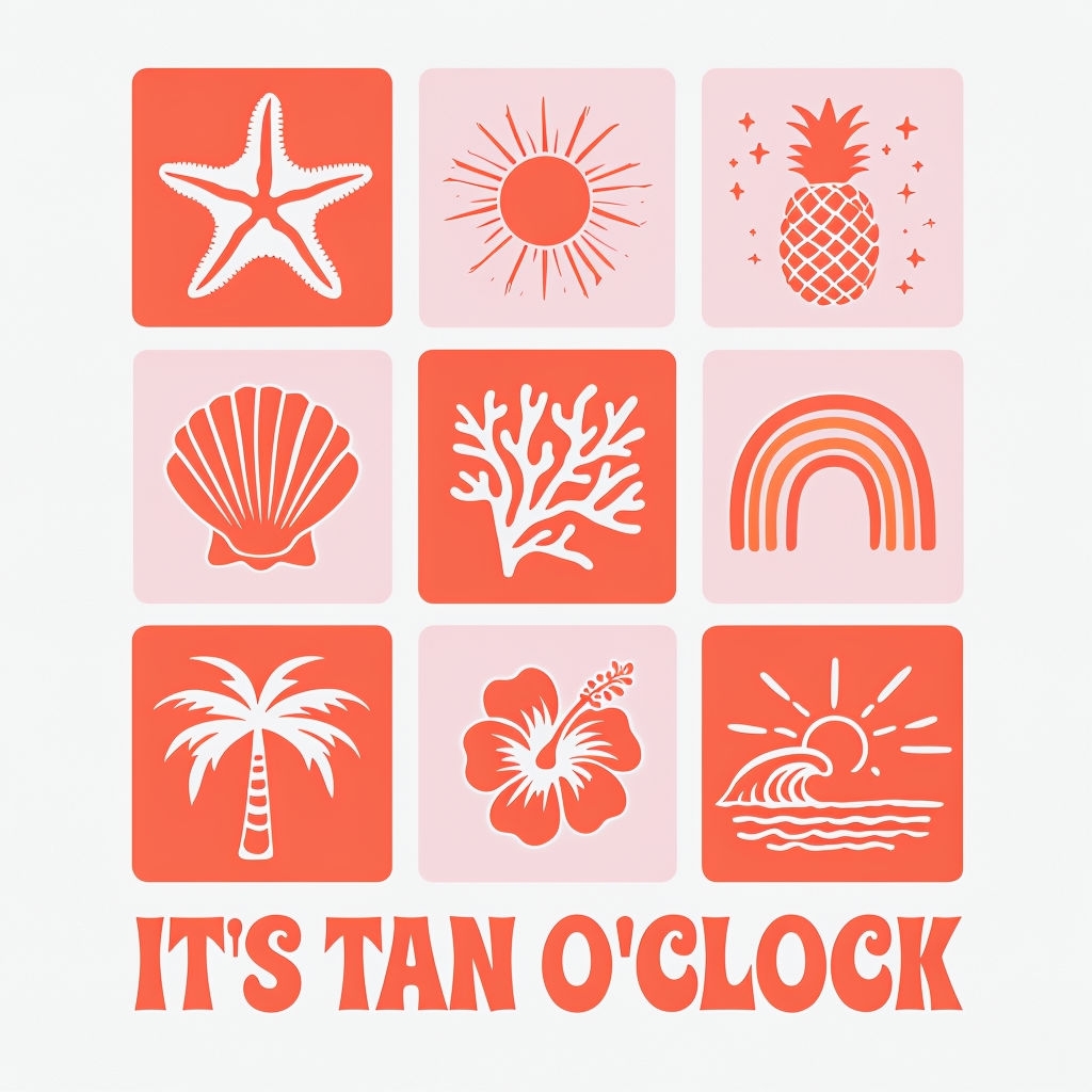 Vibrant Summer Beach Icons with It's Tan O'Clock T-Shirt