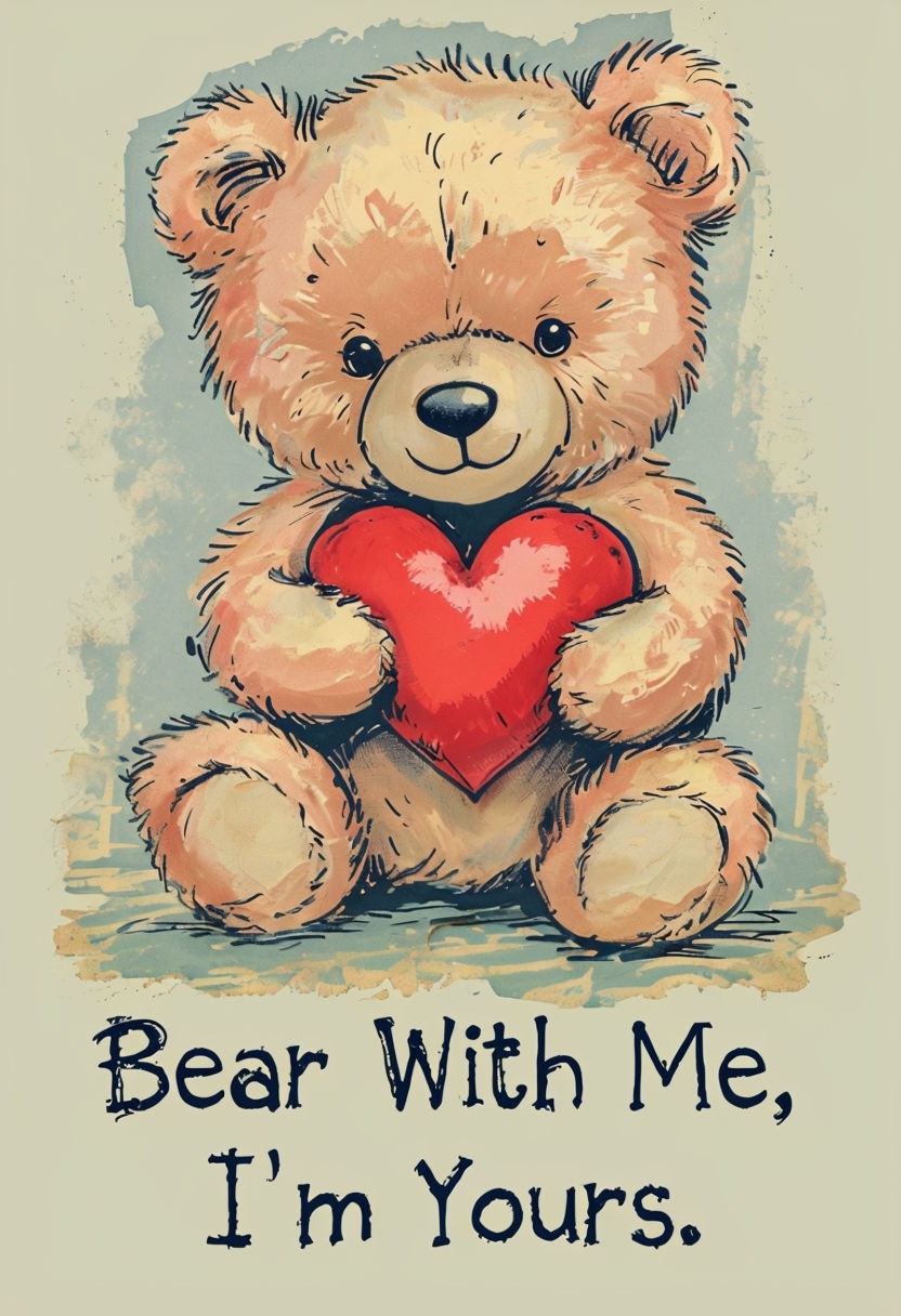 Cute Vintage Teddy Bear Holding Heart Illustration Poster