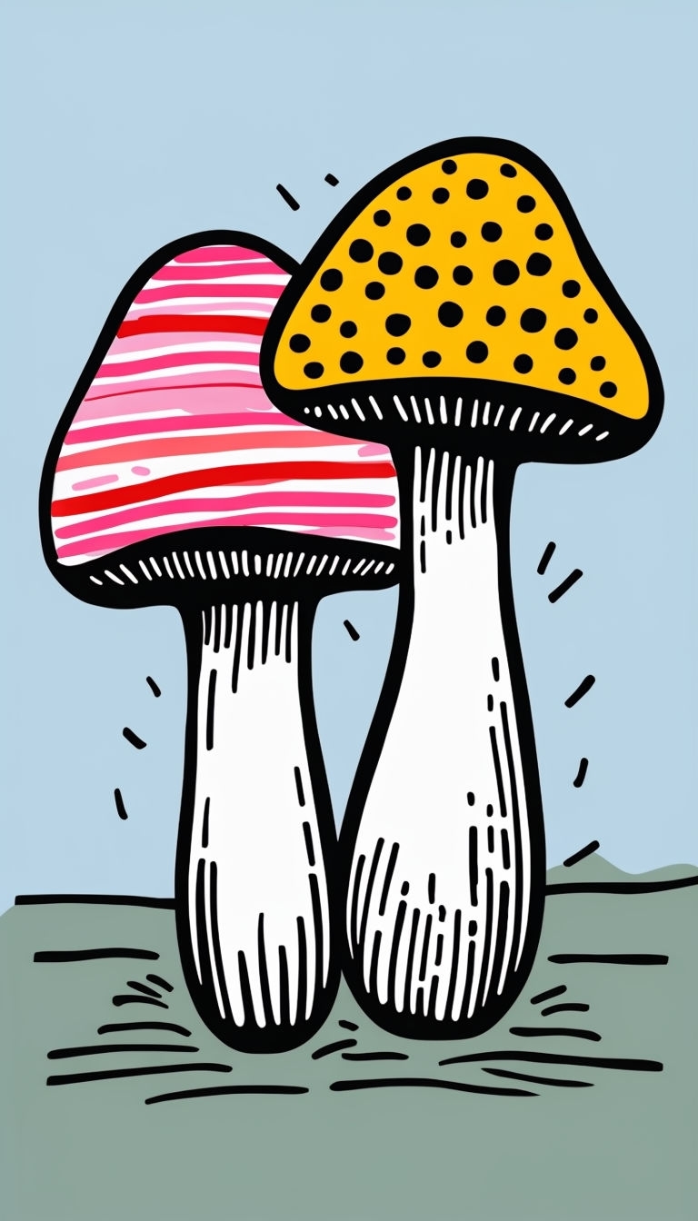 Colorful Decorative Mushroom Illustration with Textured Patterns Mobile Wallpaper