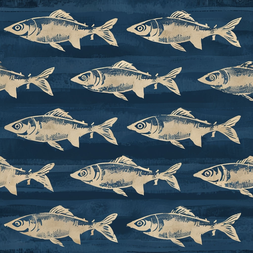 Beige Fish Print on Navy Blue Seamless Textile Design Pattern