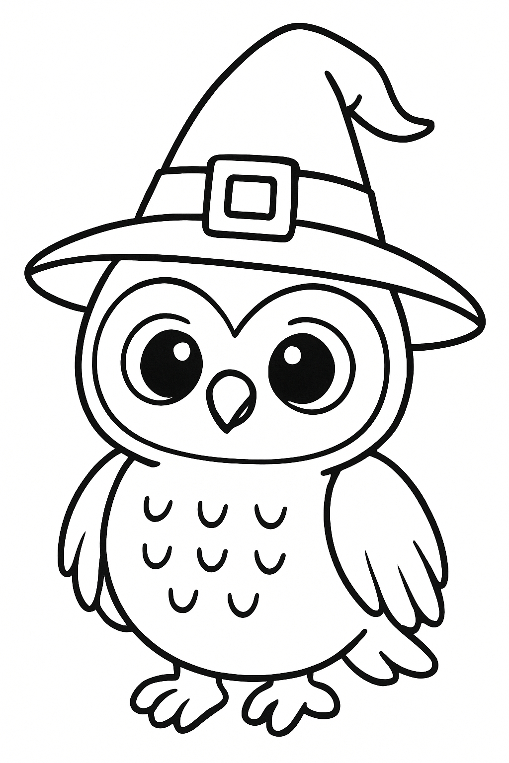 Whimsical Cartoon Owl in Witch Hat Coloring Page