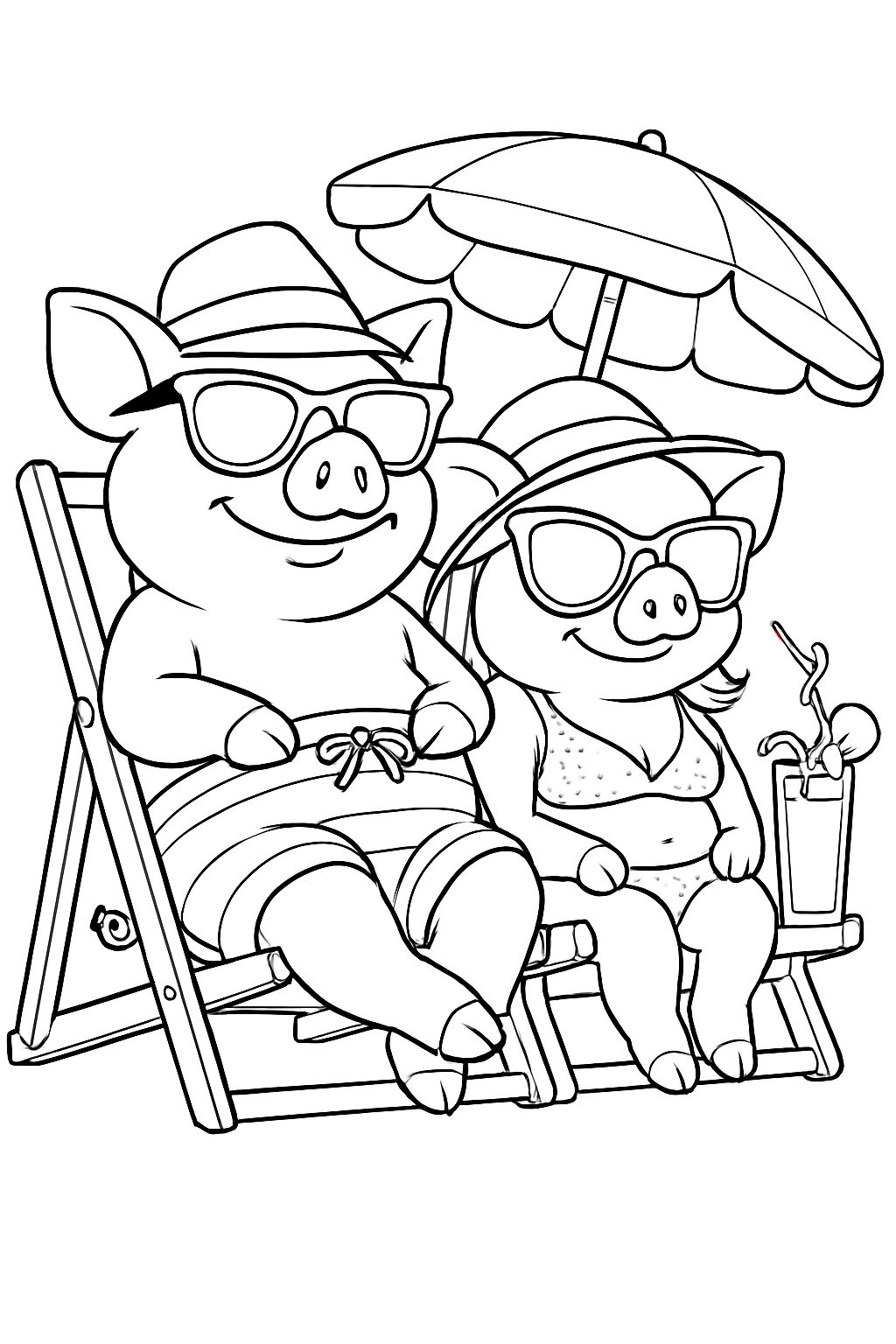 Cartoon Pigs Relaxing Under Beach Umbrella Coloring Page