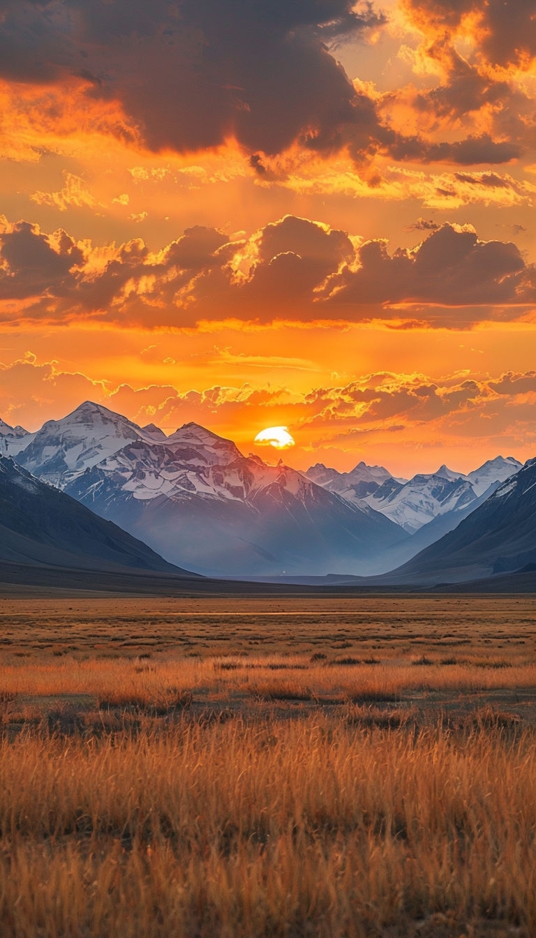 Majestic Sunset Over Snow-Capped Mountains and Grassy Plain Mobile Wallpaper