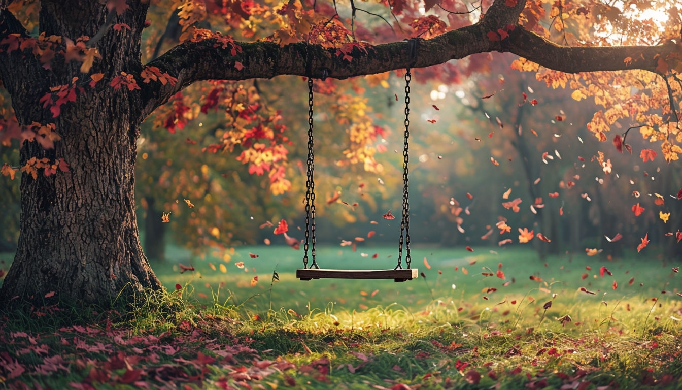 Tranquil Autumn Landscape with Swing and Colorful Foliage Virtual Background