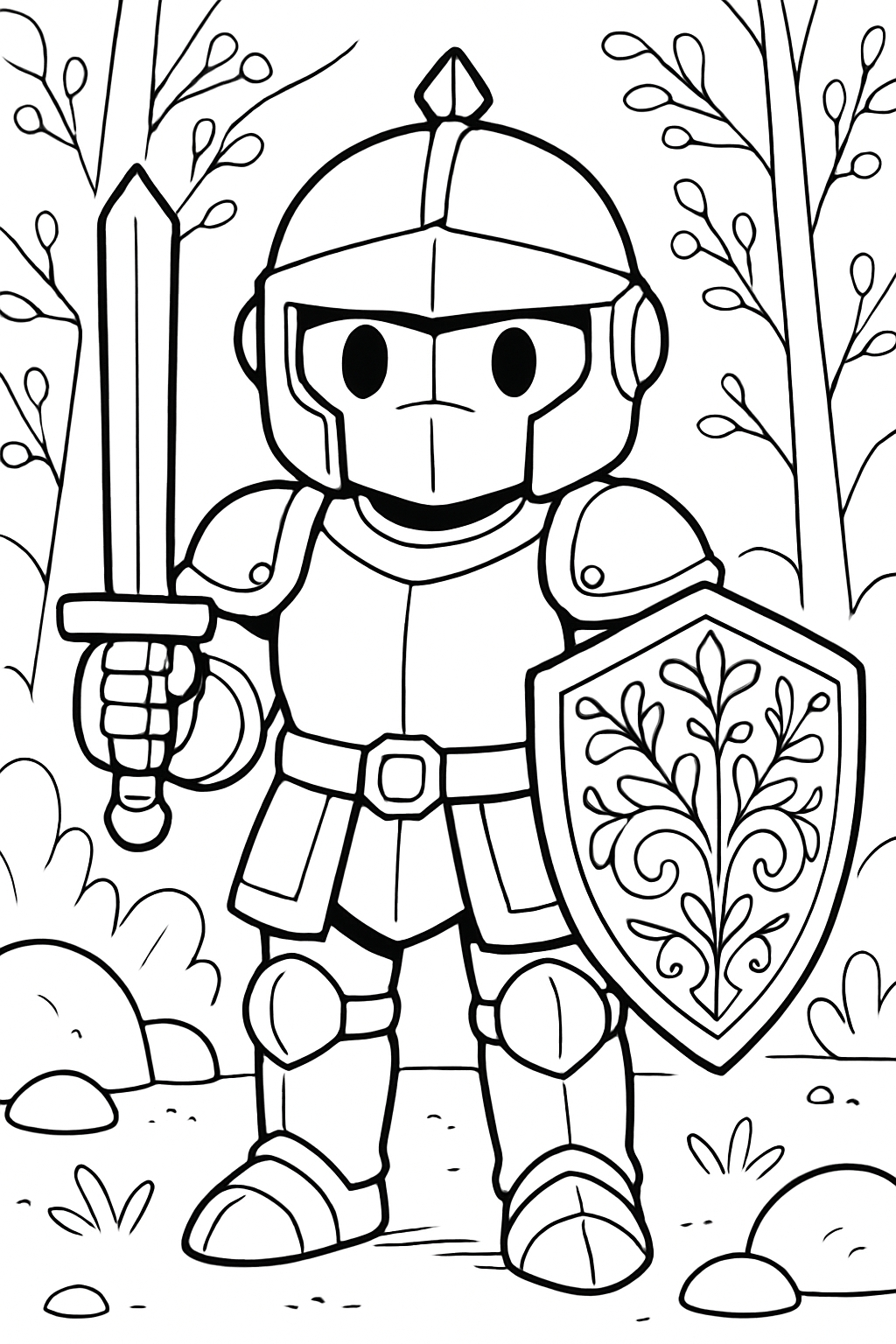 Bold Cartoon Knight with Sword and Shield Line Drawing Coloring Book Pages