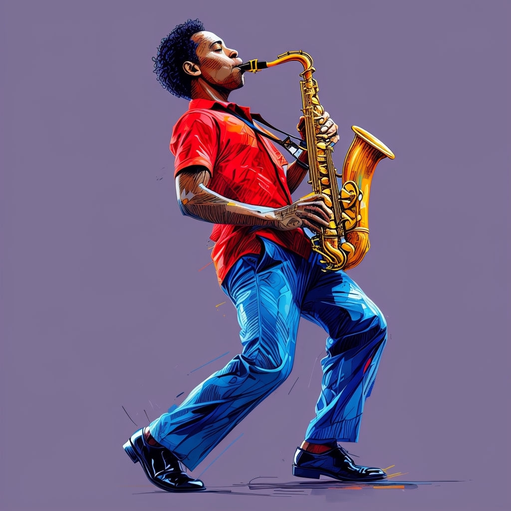 Vibrant Saxophonist Illustration with Dynamic Movement T-shirt