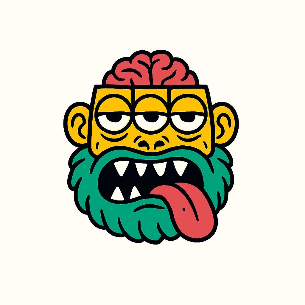 Comical Monstrous Face Sticker with Brain and Humanoid Features