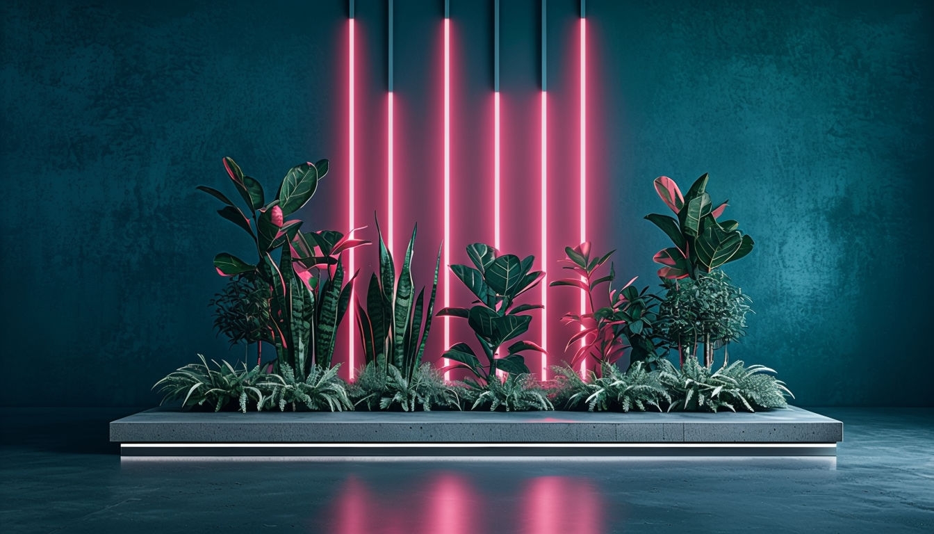 Elegant Modern Virtual Background with Neon Lighting and Plants