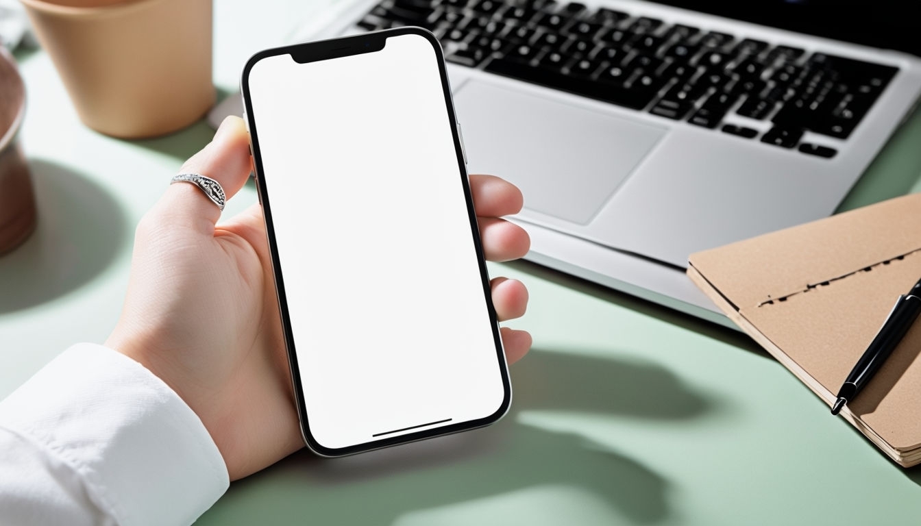 Modern Smartphone in Hand on Green Desk Mockup