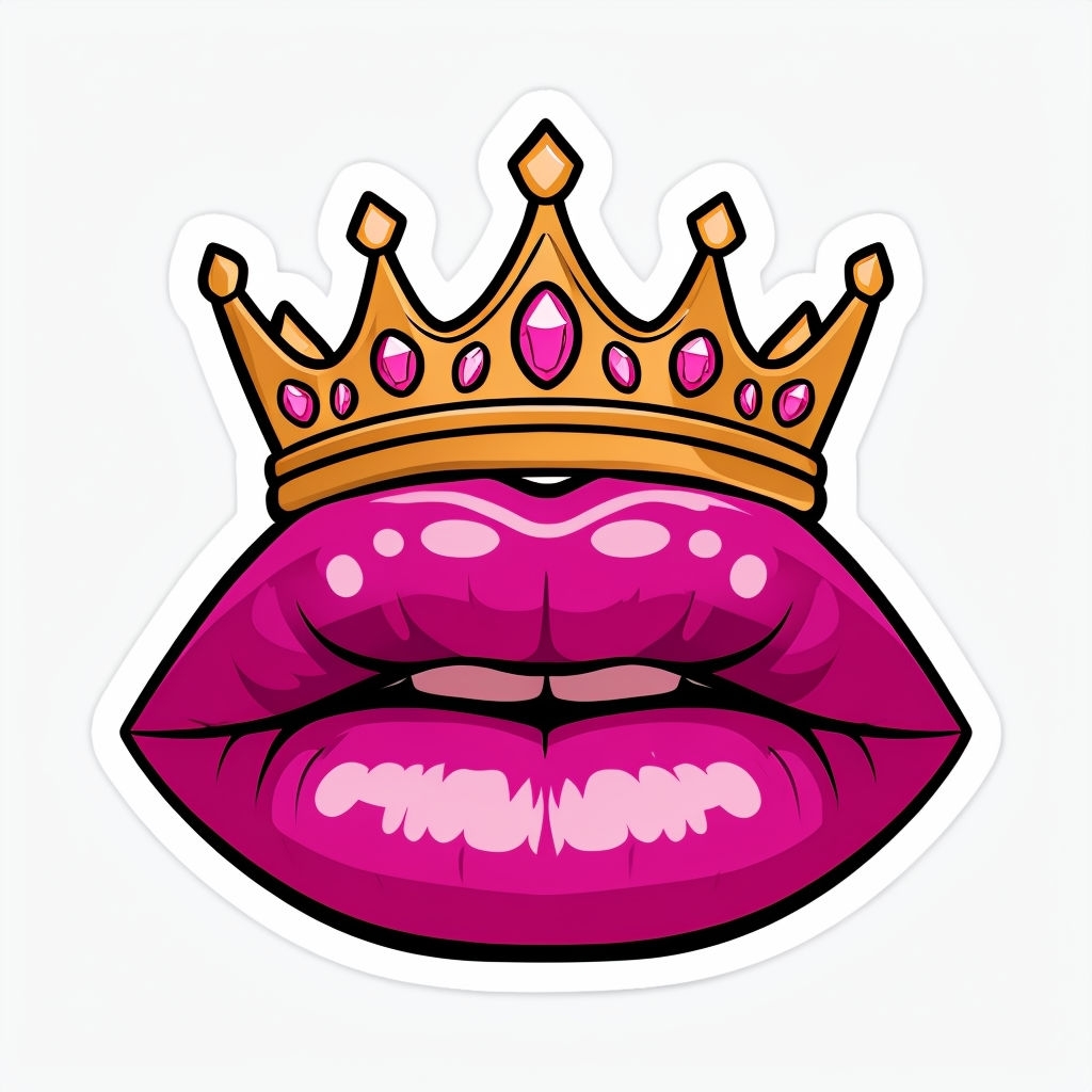 Vibrant Magenta Lips with Golden Crown Cartoon Sticker