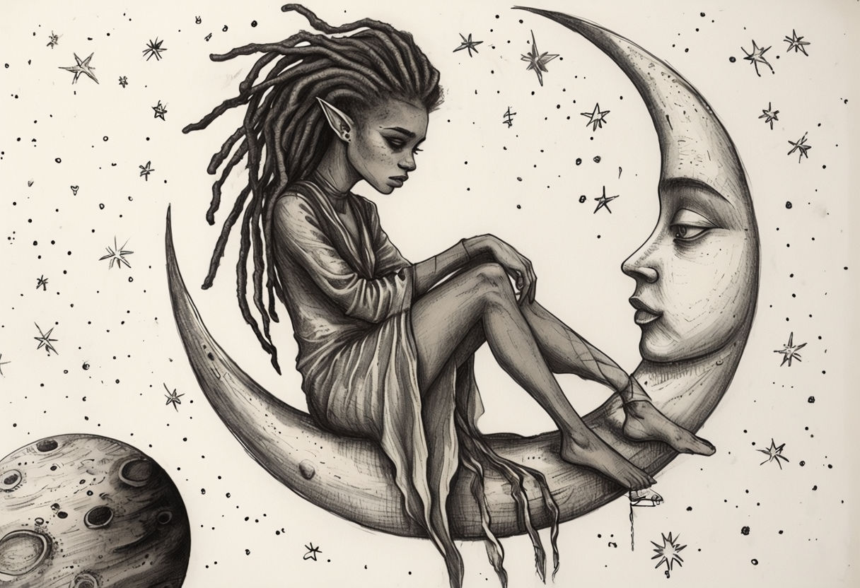 Serene Young Woman on Crescent Moon Sketch Art