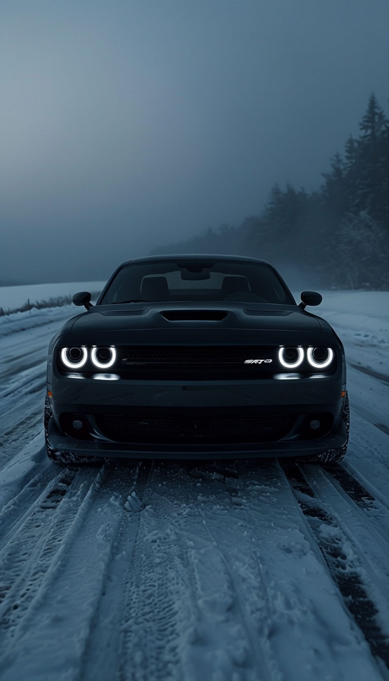 Black Muscle Car in Snowy Night Scene Mobile Wallpaper