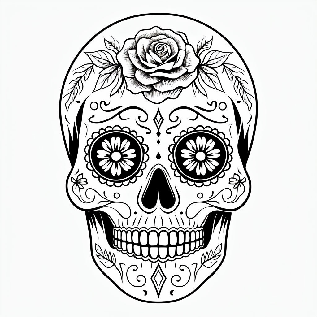 Intricate Black and White Sugar Skull Line Art for Poster