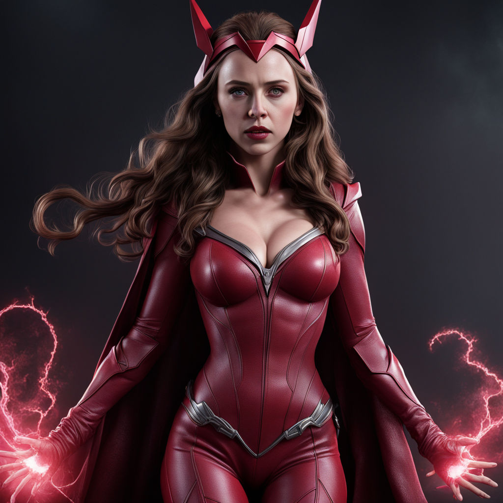 Actress Elizabeth Olsen wearing as character Scarlet Witch with big breasts  and big ass