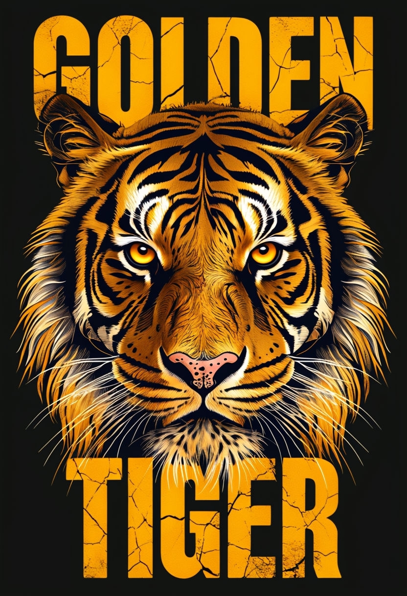 Striking Golden Tiger Face Illustration with Bold Typography Poster
