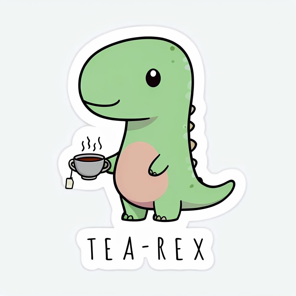 Cute Tea-Rex Dinosaur Character with Teacup Sticker