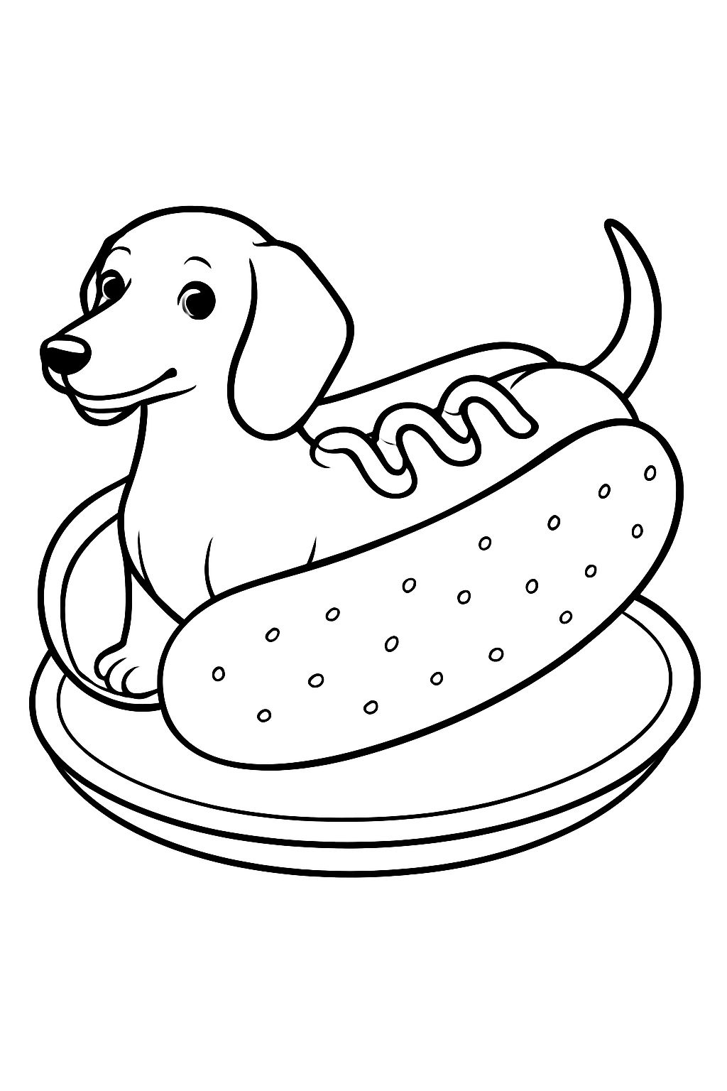 Playful Dachshund in Hot Dog Bun Line Art for Coloring Book Pages