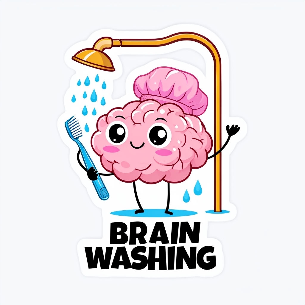 Playful Pink Brain Character with Toothbrush Sticker