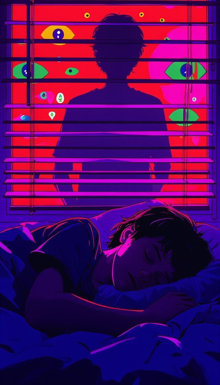 Neon-Lit Surreal Sleep Scene with Eerie Surveillance Mobile Wallpaper