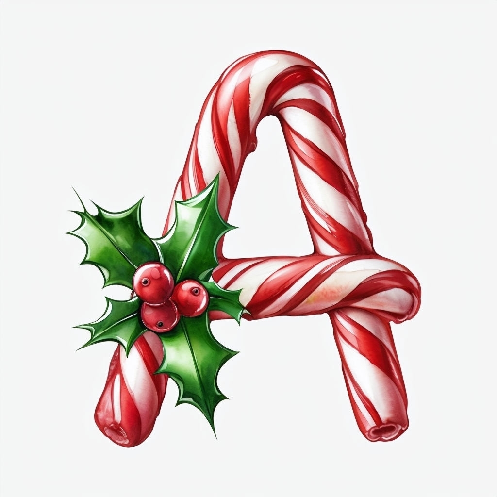 Festive Candy Cane 'A' with Holly Leaves Watercolor Art Monogram