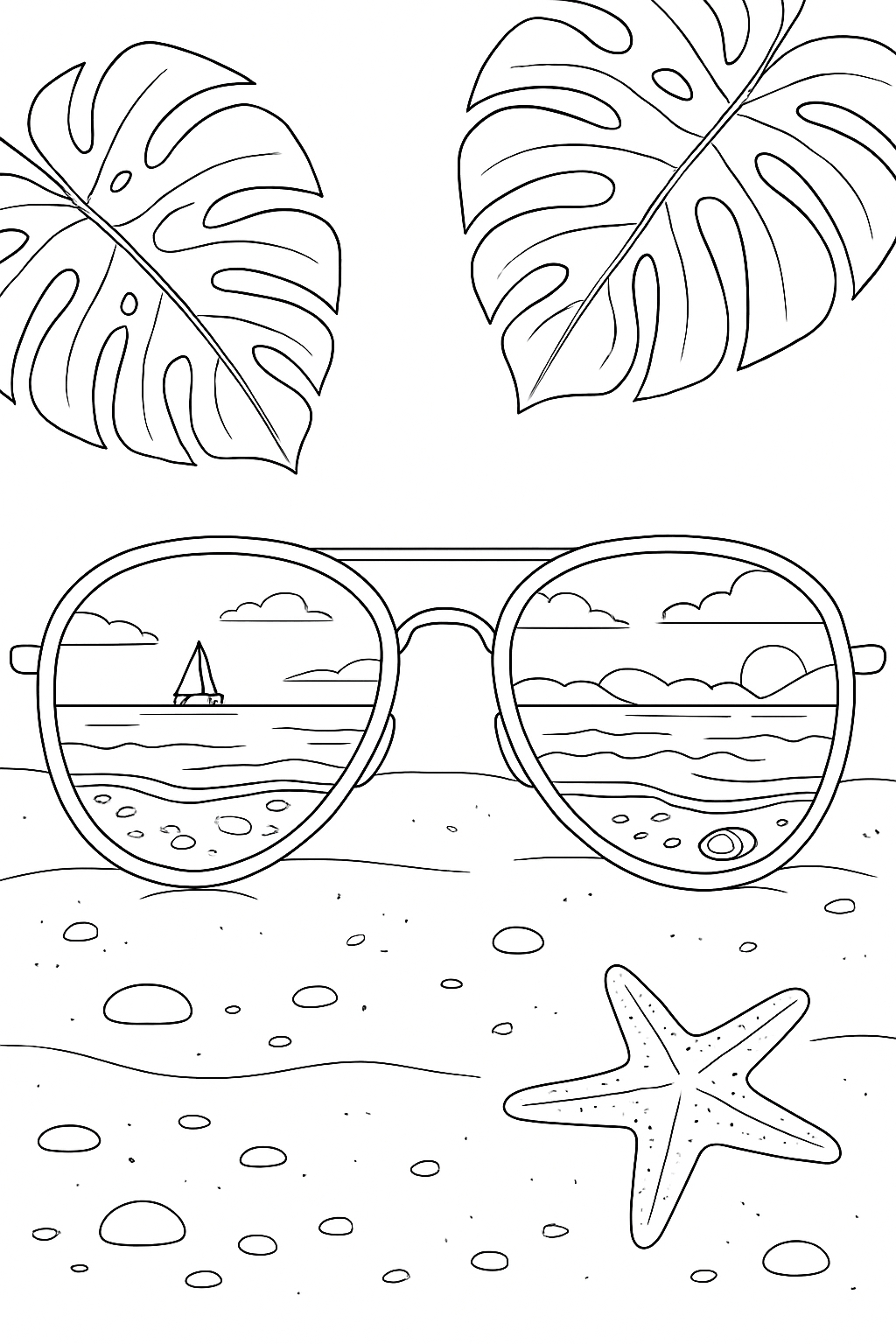 Whimsical Monstera Leaves and Beach Scene Coloring Page