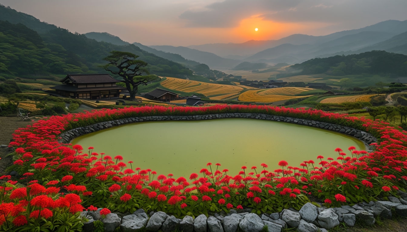 Tranquil Sunset Landscape with Heart-Shaped Pond Background