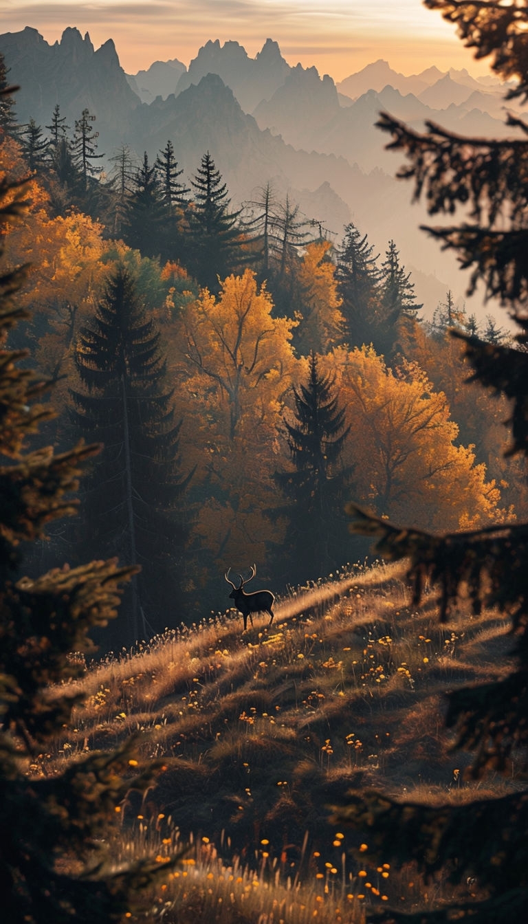 Tranquil Autumn Landscape Photography with Deer at Golden Hour Art