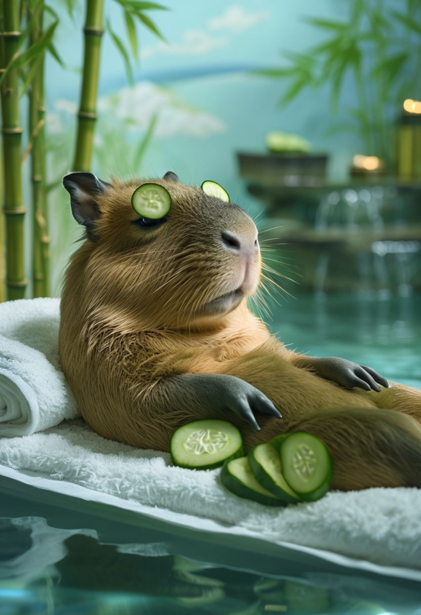 Relaxing Spa Day with Cucumber Slices Capybara Art