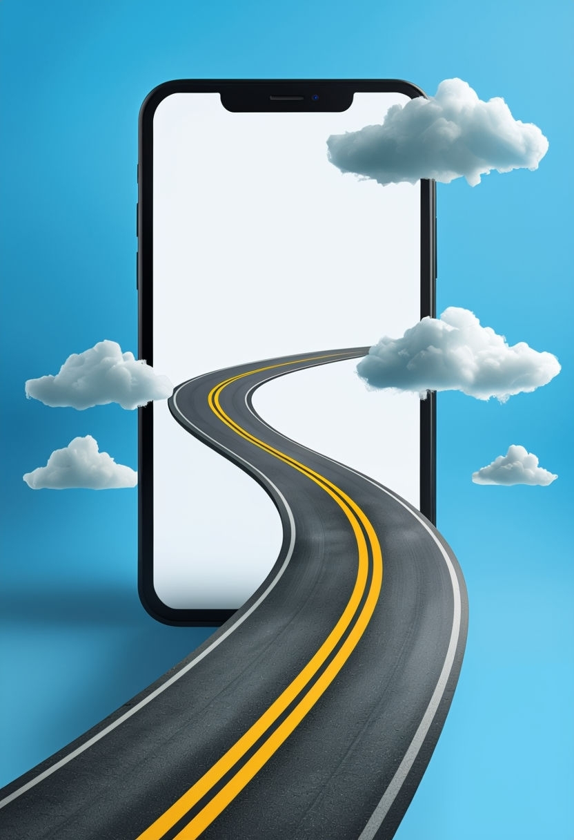 Journey Begins: Conceptual Smartphone and Winding Road Illustration Social Media Post