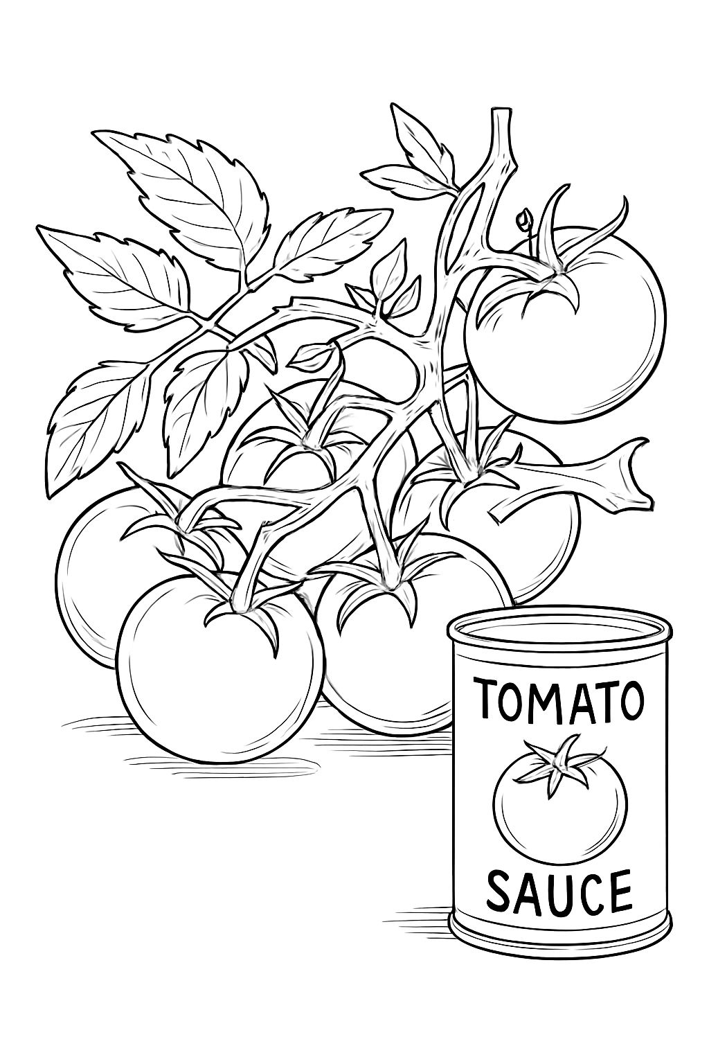 Detailed Black and White Tomato Cluster and Sauce Can Illustration Coloring Book Pages