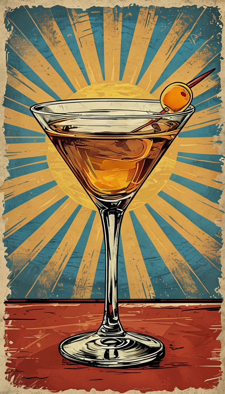 Vintage Martini Cocktail Illustration with Sunburst Background Art