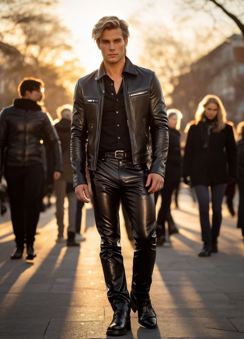 in his tight leather pants