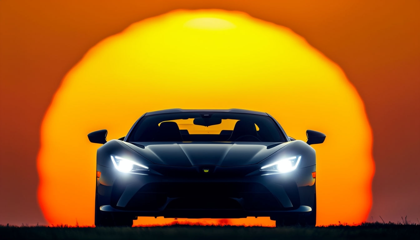 Sleek Black Sports Car Against Dramatic Sunset Background Virtual Backgrounds