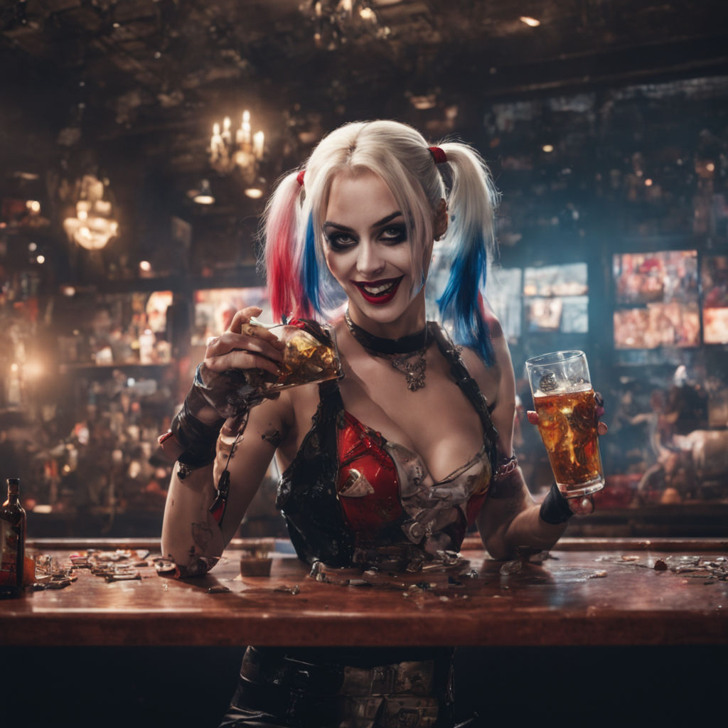 Gorgeous busty drunk embarrassed Demi Lovato cosplaying as Harley Quinn in  a sleazy bar at Halloween in half-shirt