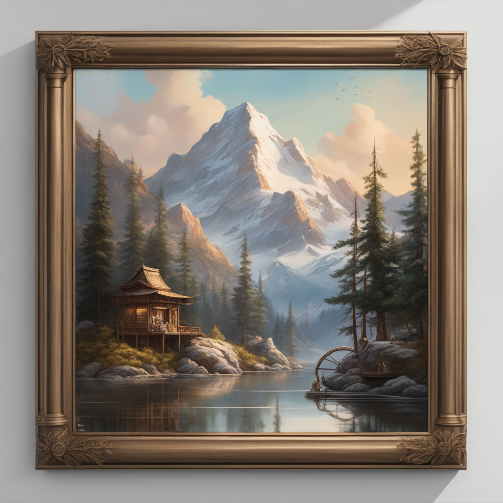 Prompt: a painting hanging on the wall of a museum, a fine art painting, inspired by Mike Winkelmann, Artstation contest winner, moutain, realistic 8k render, art piece frame, bob ross style, Watercolor, trending on artstation, sharp focus, studio photo, intricate details, highly detailed, by greg rutkowski