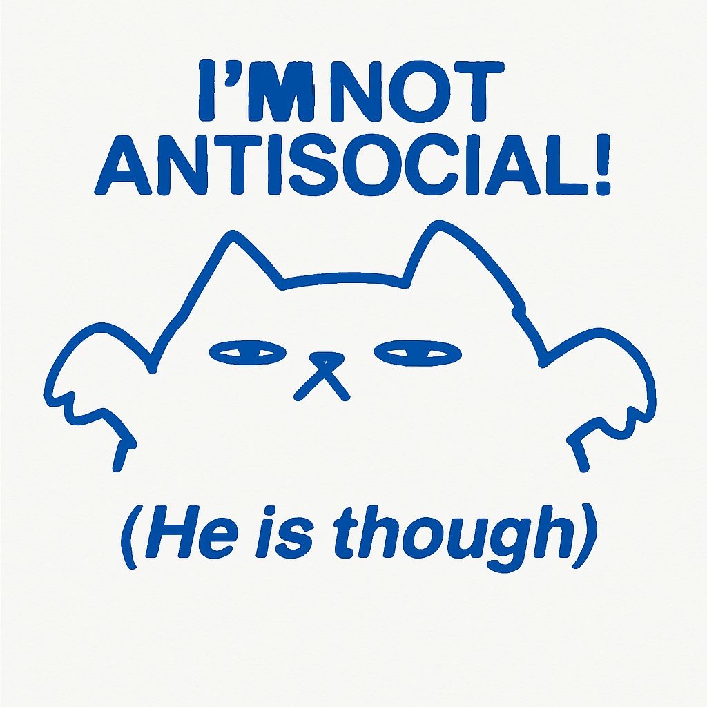 Minimalist Blue Cat Face Illustration with Humorous Text Sticker