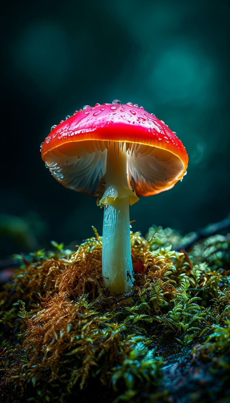 Vibrant Red Mushroom Macro Photography with Lush Green Moss Mobile Wallpaper
