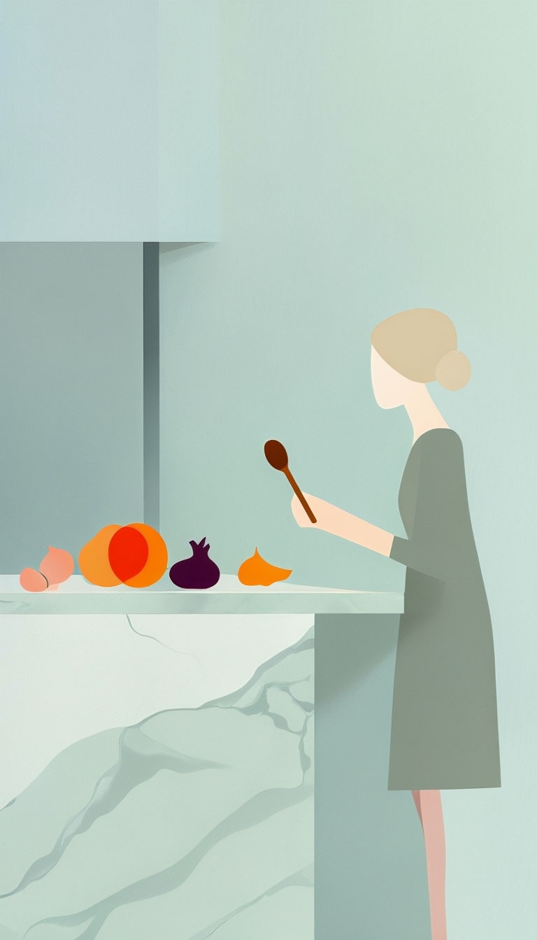 Serene Kitchen Activity Illustration with Soft Color Blends Art