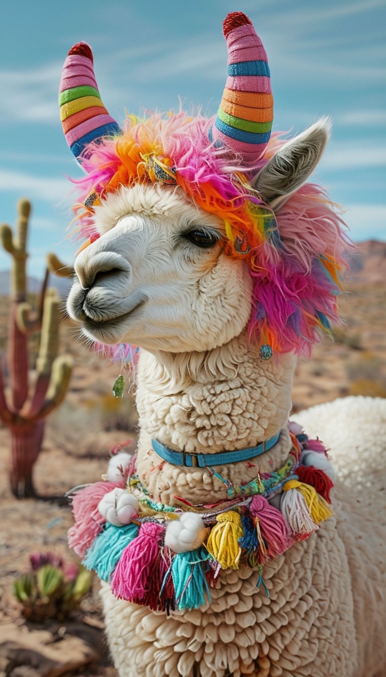 Vibrant Whimsical Alpaca in Colorful Desert Scene Art