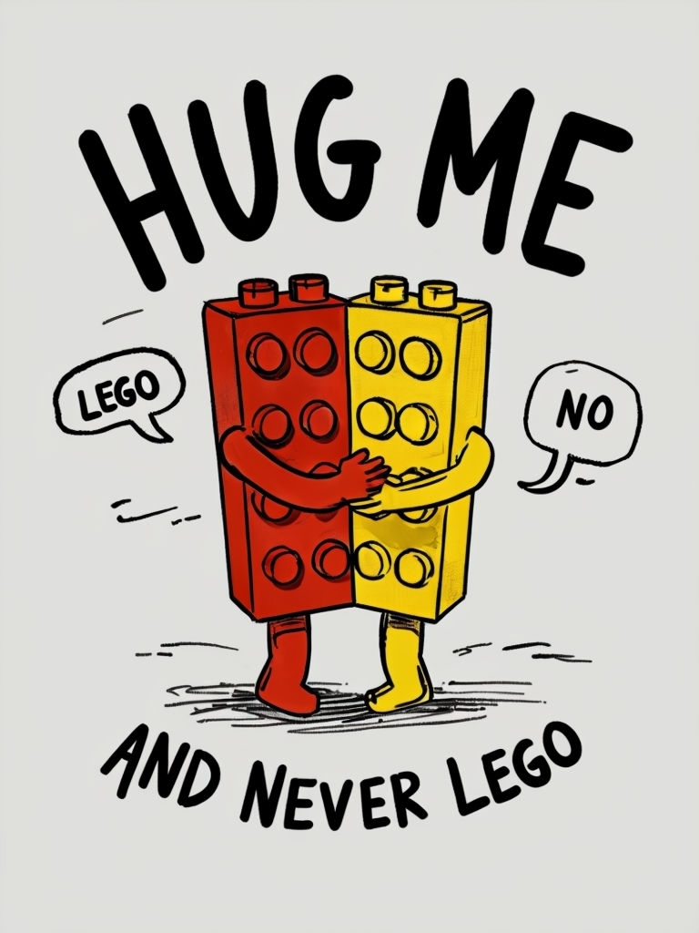 Playful Whimsical Lego Brick Hugging Itself Card Design