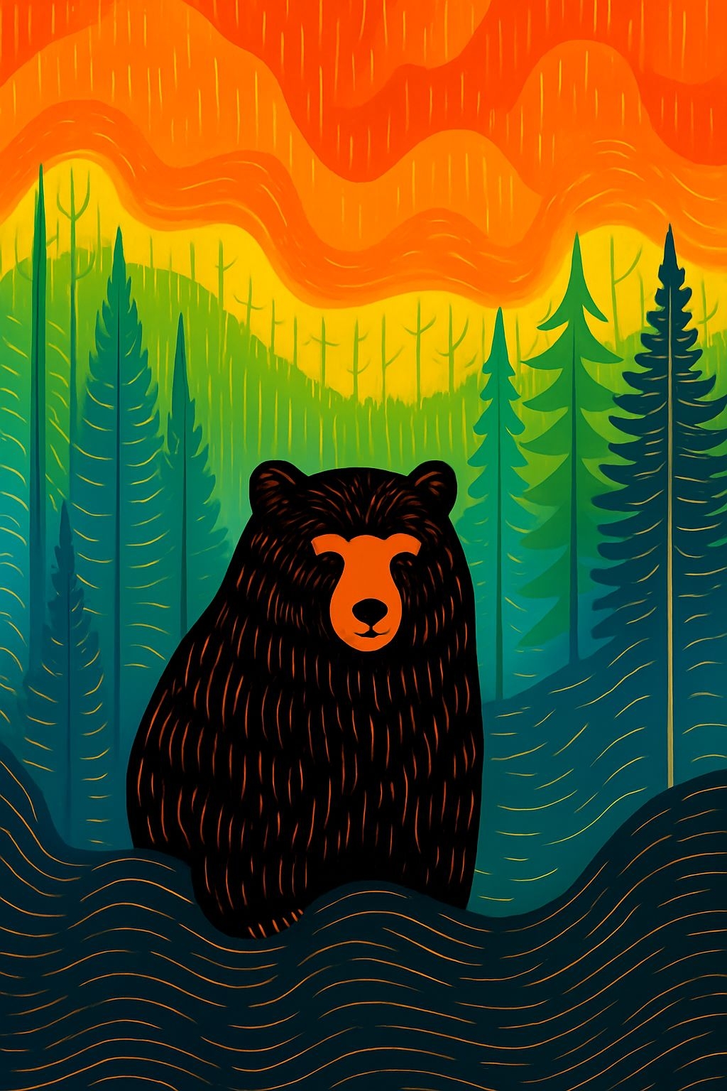 Majestic Black Bear with Orange Accents in Vibrant Forest Poster