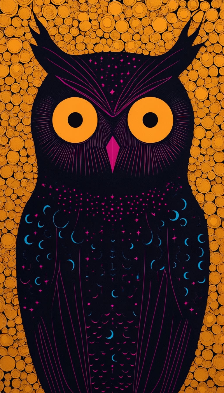 Vibrant Owl Silhouette with Golden Eyes and Cosmic Patterns Mobile Wallpaper