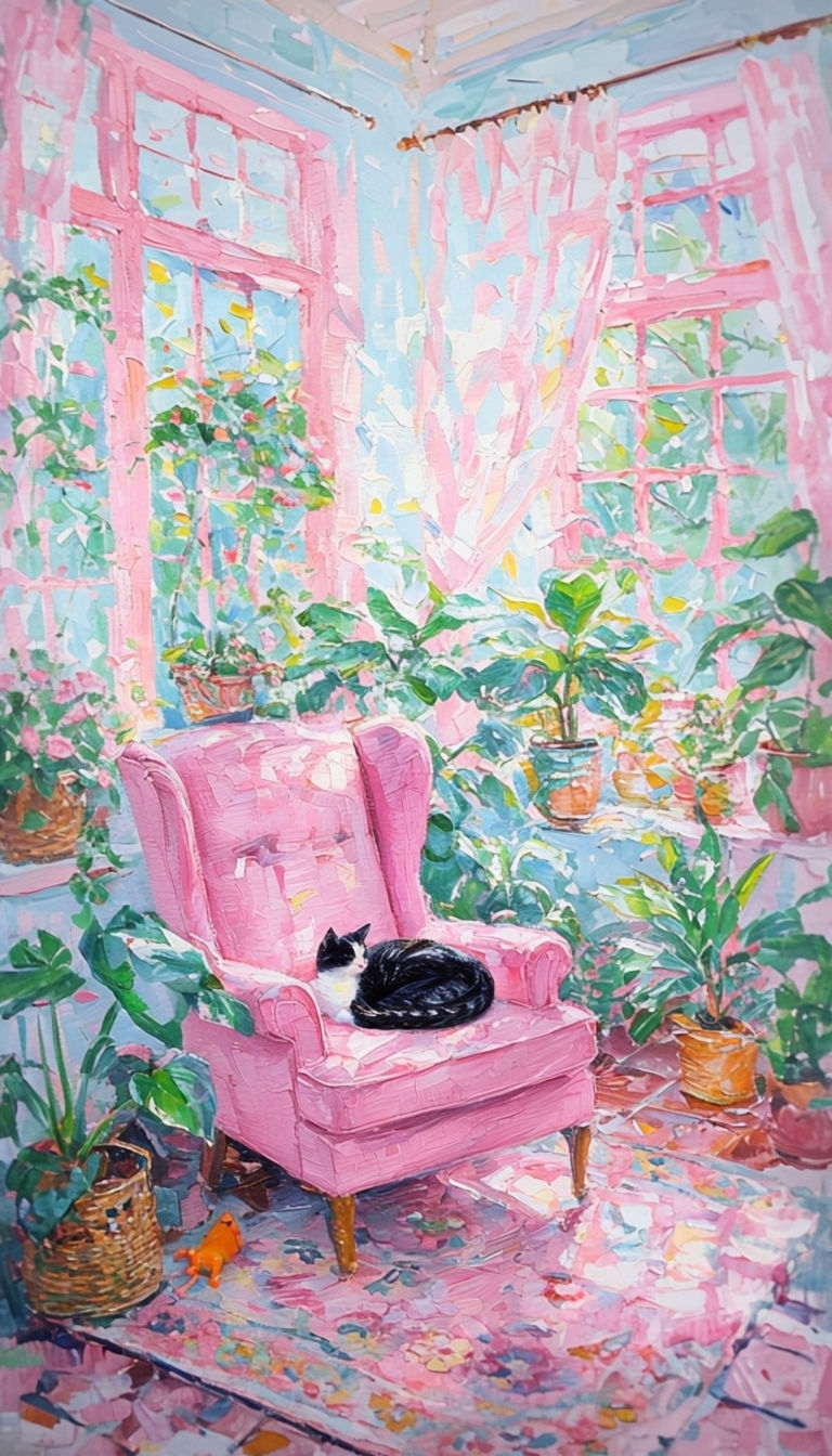 Cozy Impressionist Sunroom with Cats and Plants Art