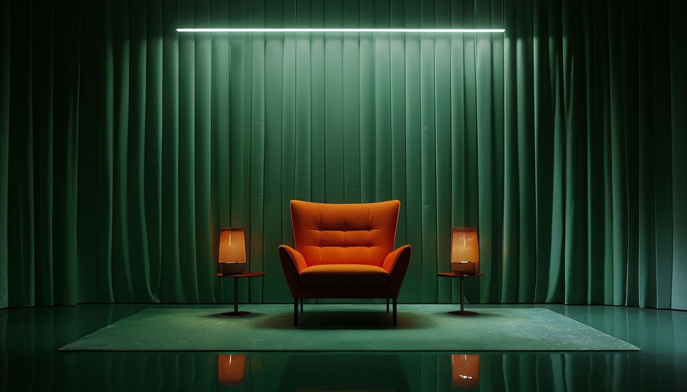 Modern Minimalist Interior Scene with Orange Armchair Virtual Background