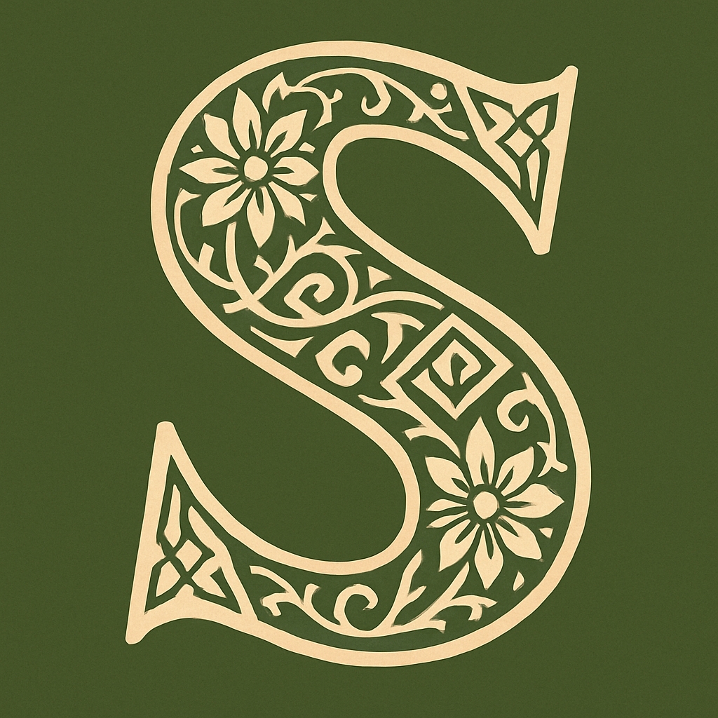Ornate Floral Letter S Design on Olive Green Background Monogram