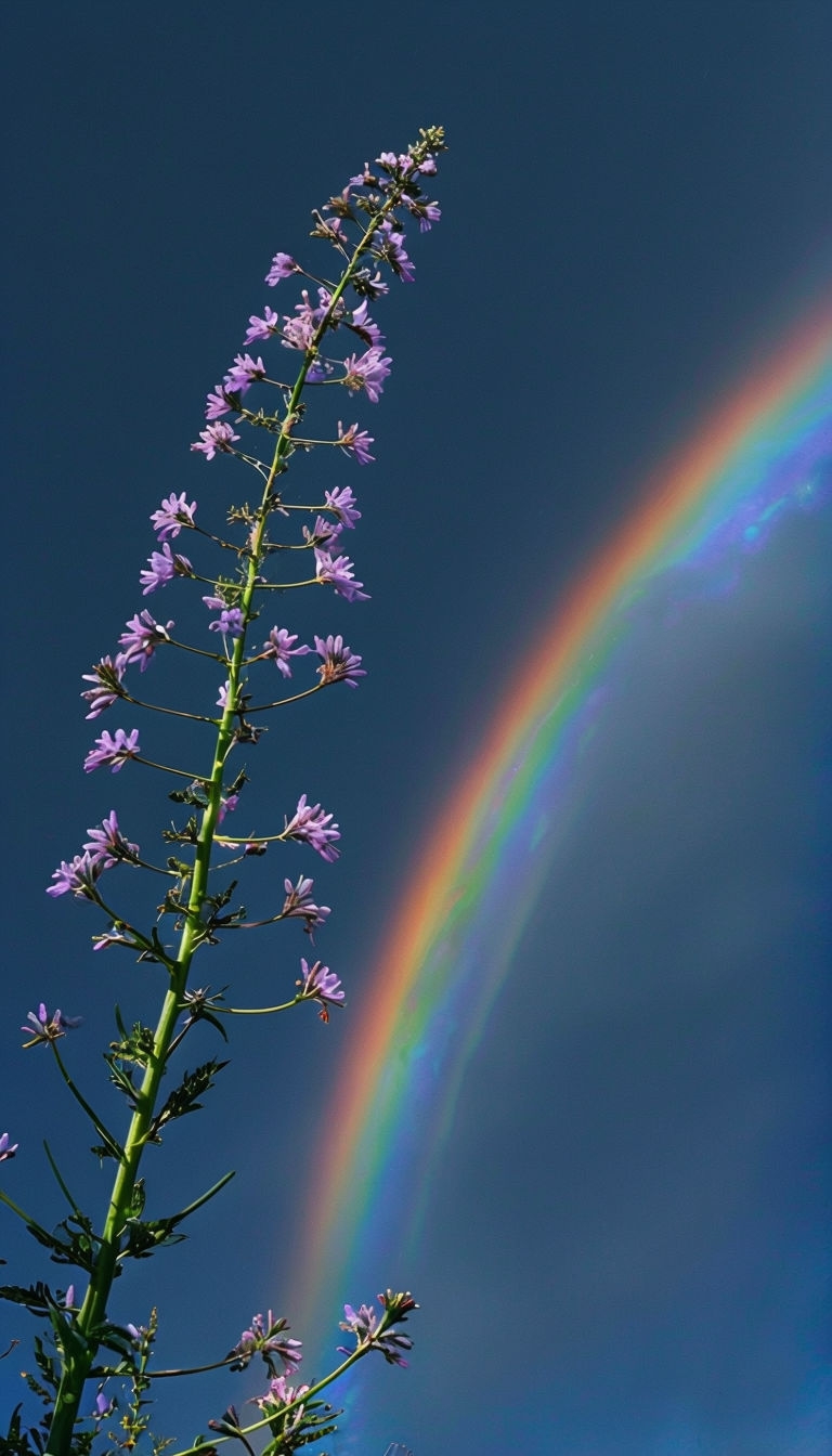 Lavender Flowers and Rainbow Against Blue Sky Nature Mobile Wallpaper