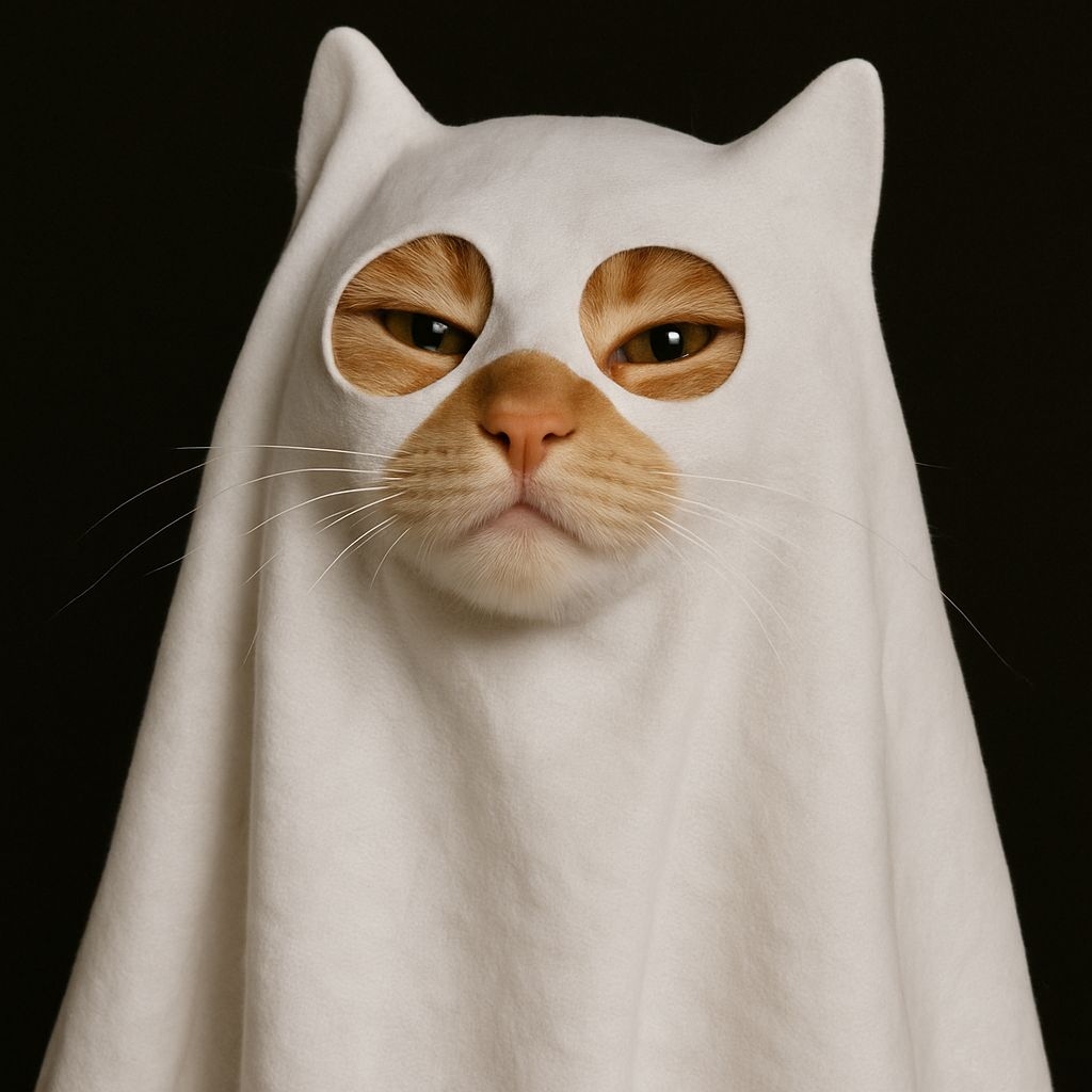 Calm Orange Tabby Cat in Funny Ghost Costume Meme
